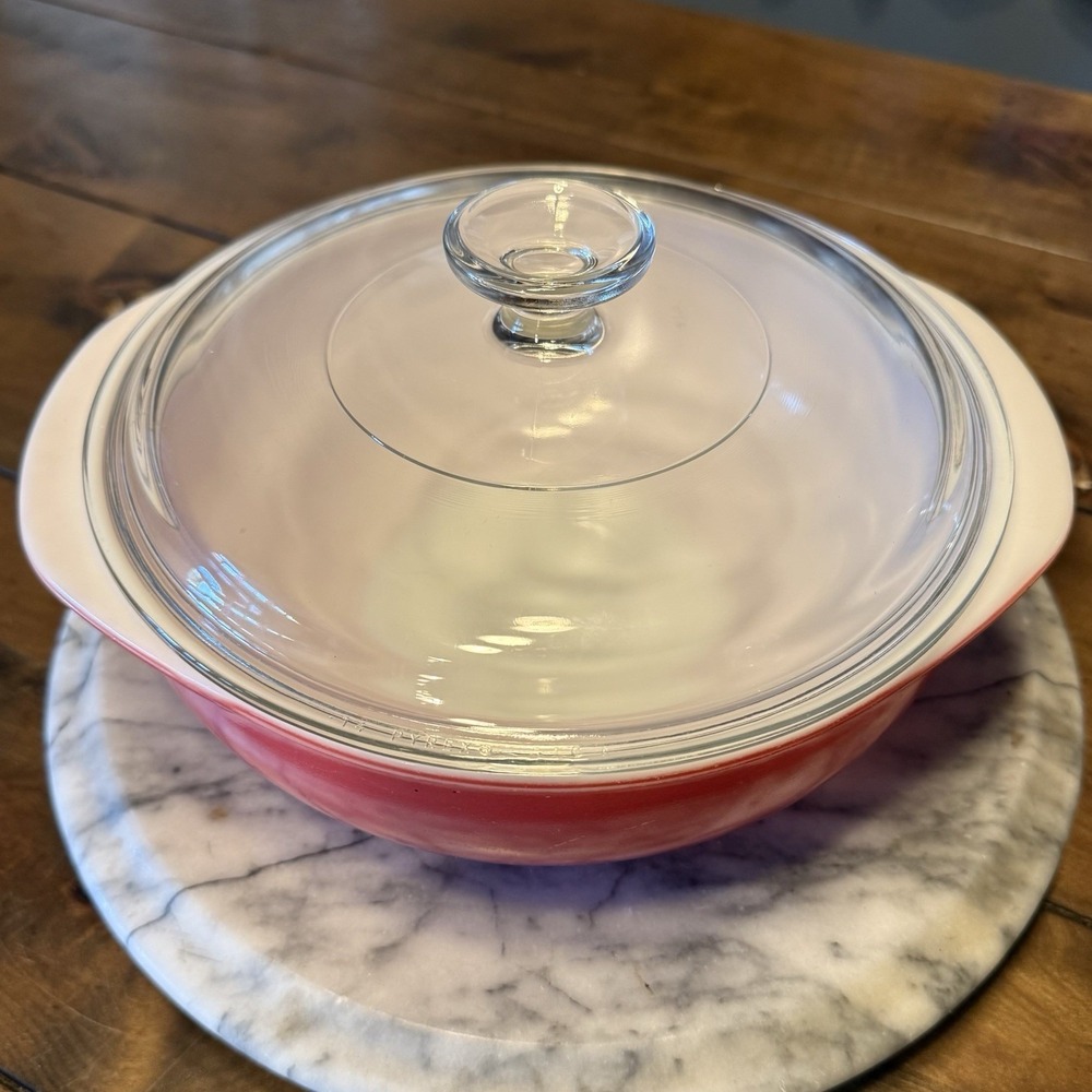 VTG 50s MCM Pyrex Ovenware Round Casserole Dish Bowl Lid Pink Flamingo 024 2 Qt